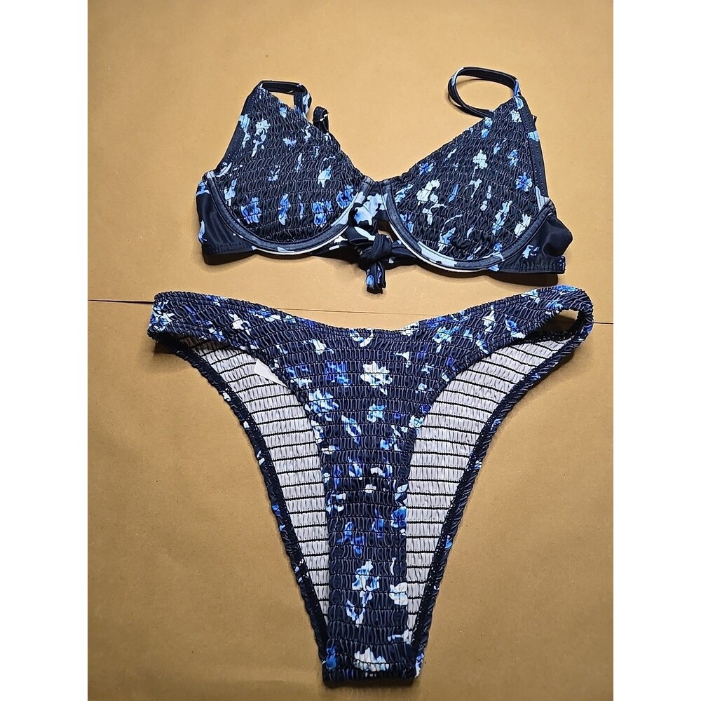 Blue Floral Bikini Cheeky Tie Back Spaghetti Straps Padded Women's Size XS